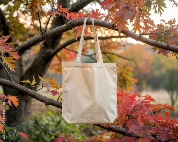 Obraz Blank Canvas Tote Bag Displayed on a Tree Branch Surrounded by Vibrant Autumn Leaves