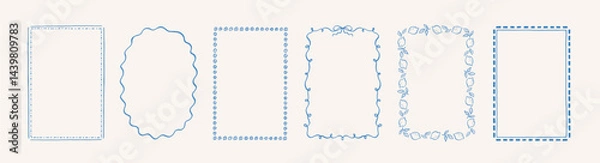 Fototapeta Doodle hand drawn frames with lemons, wave and bows. Minimalist line art. Vintage blue ornament borders for wedding, greeting cards, menu, picnic invitations. Mediterranean sea coastal vibe.