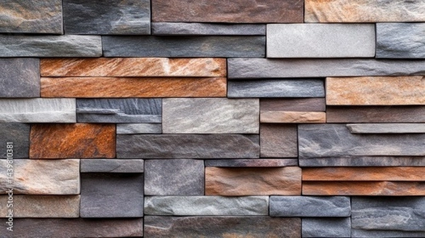 Fototapeta A captivating shot captures a stylish stone wall composed of layered stone pieces, showcasing unique textures and colors that blend harmoniously in an architectural setting.