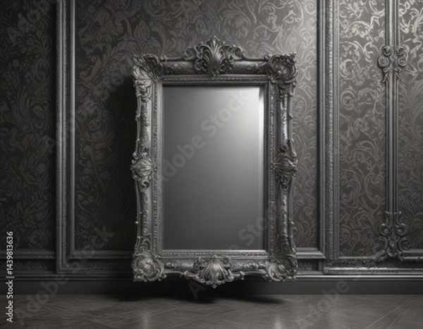 Fototapeta Intricate silver frames against deep damask  Retro style ,  old,  silver,  historic