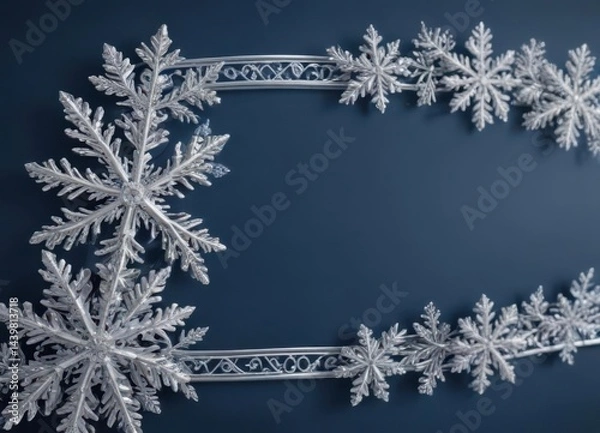 Fototapeta Intricate silver snowflakes on a blue background, forming a charming border ,  vector,  merry,  delicate