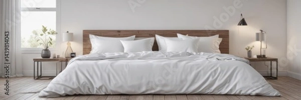 Fototapeta King size bed, pristine white sheets and pillows, bright Scandinavian room ,  light,  stock,  rest