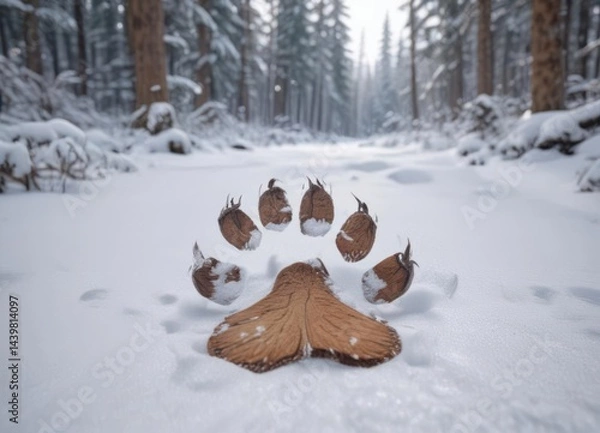 Fototapeta Large bear paw print in pristine snow, winter forest ,  snowy,  big,  traces
