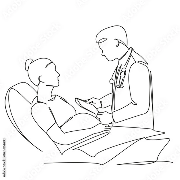 Fototapeta One continuous single drawing line art flat doodle doctor, hospital, pregnant, woman, obstetrician, advice. Isolated image hand draw contour on a white background, hand drawn, not AI