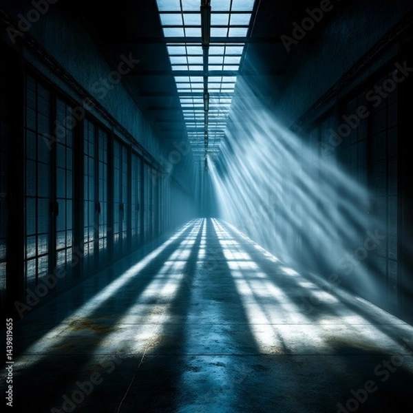 Fototapeta Illuminated Path: Light Streaks Through an Abandoned Industrial Hallway, Creating a Surreal and Dramatic Perspective