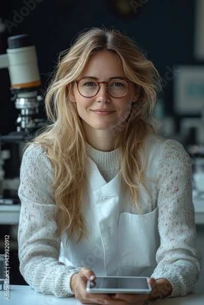 Fototapeta A white female biologist wearing a lab uniform looks calmly at her iPad while seated at a sleek white desk against a dark blue background