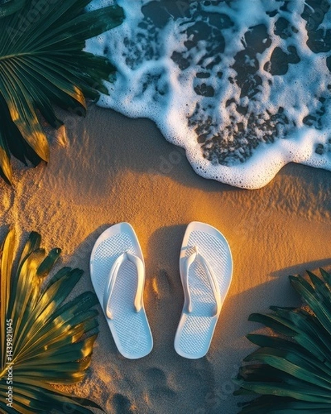 Fototapeta Warm sunset illuminates flip flops on sandy beach, surrounded by palm leaves and gentle sea waves, creating a perfect summer atmosphere