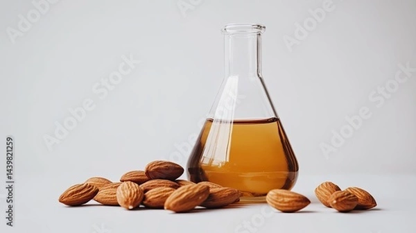 Fototapeta A chemical flask filled with liquid stands beside scattered almonds on a plain white background, showcasing natural ingredients in research