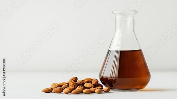 Fototapeta A chemical flask holds a brown liquid placed beside scattered whole almonds on a clean white surface, indicating a study of natural extracts