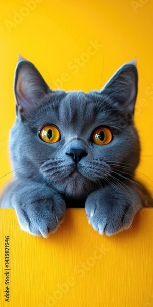 Fototapeta A playful British Shorthair cat is curiously peeking over a table, its bright yellow backdrop adding to the charm of the scene
