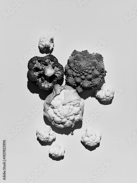 Fototapeta black and white photo of fresh cabbage, broccoli, cauliflower