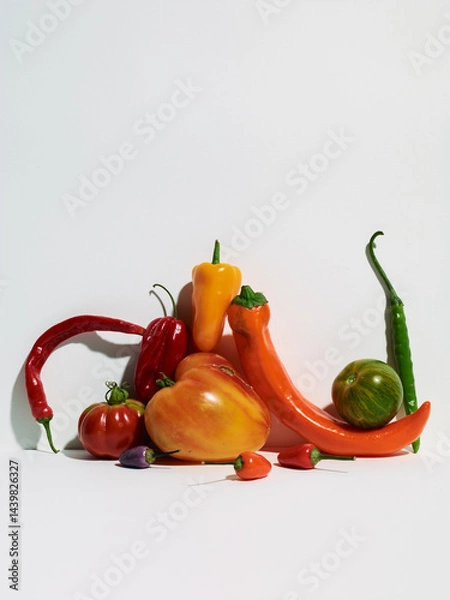 Fototapeta pile of tomatoes and different peppers isolated on white background. Stacked vegetables