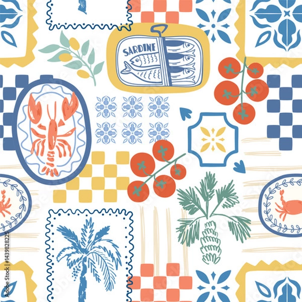 Fototapeta Mediterranean summer seamless pattern. Cute ceramic tile ornament, Italian coastal food, lobster sardine, checkered elements, palms. Vector colorful mosaic Portuguese wallpaper, background, textile.