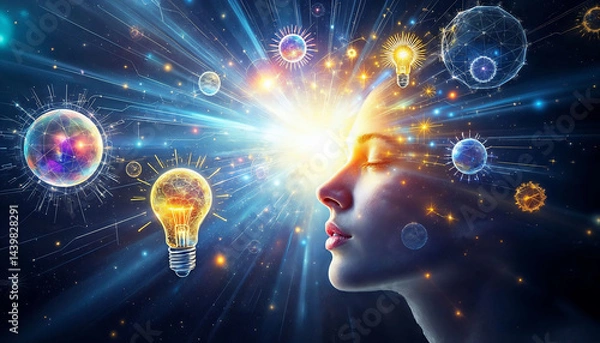 Fototapeta Illumination of the Mind: A portrait captures a moment of deep thought as vibrant rays of energy explode from the person, illuminated by the ideas that come to life. 
