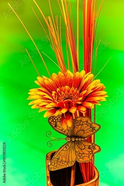 Obraz Rotgelbe Gerbera in Ziervase mit Dekoschmetterling Hintergrund lila bis blau