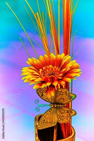 Obraz Rotgelbe Gerbera in Ziervase mit Dekoschmetterling