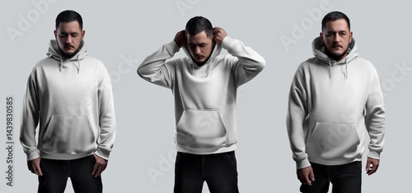 Obraz Mockup of a white oversized hoodie on a bearded man, a set of fashionable clothes on a guy, front view, isolated on the background.