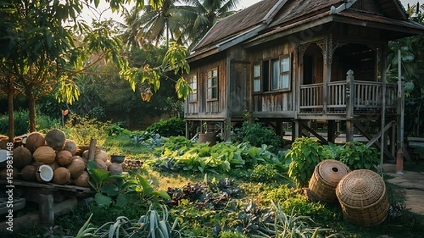 Obraz Traditional Thai stilt house in a garden with coconuts and baskets.