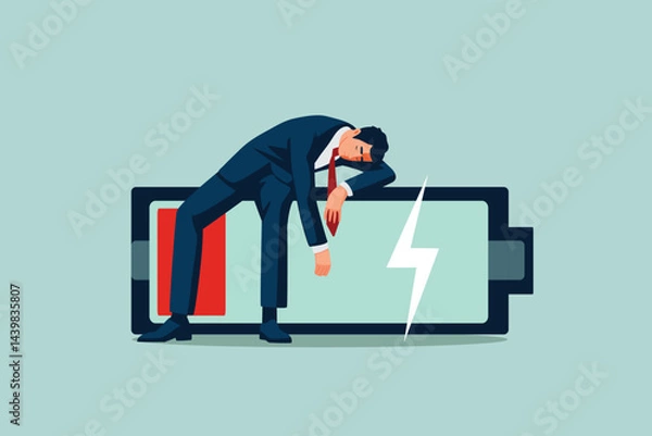 Fototapeta exhausted burnout business man lay down on low battery red color. worker life concept, cartoon vector art