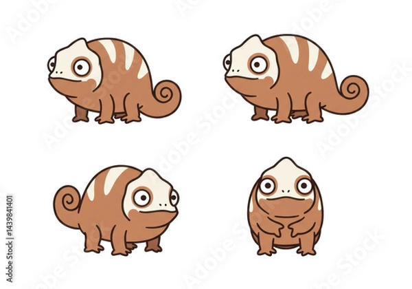 Fototapeta Four stylized chameleon illustrations with various poses on dark background