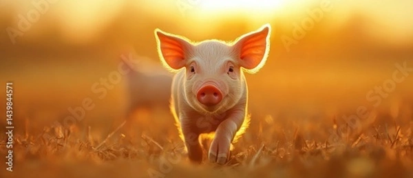 Obraz Cute piglet walking in golden light