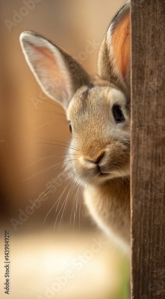 Fototapeta Curious young rabbit peeking from behind a wooden barrier in a farm setting during the morning sunlight