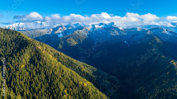 Obraz Breath taking view of a mountain in  Autumn scene with snow at Mestia Georgia, autumn forest