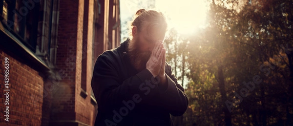 Obraz young bearded danish man praying outside in front of church; concept of bededag, denmark religious holiday celebration, may 16th; panoramic banner with copy space
