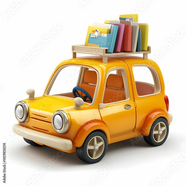 Obraz Cartoon Yellow Car with Books and Folders on Roof Rack Against White Background Depicts Travel and Transportation