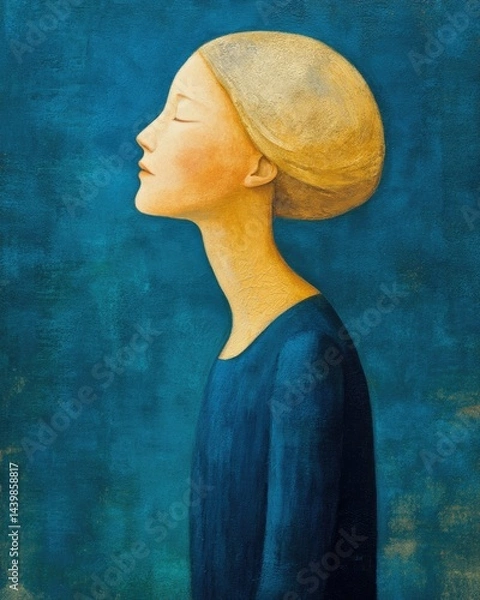 Obraz Elegant profile of serene figure against deep blue background, s