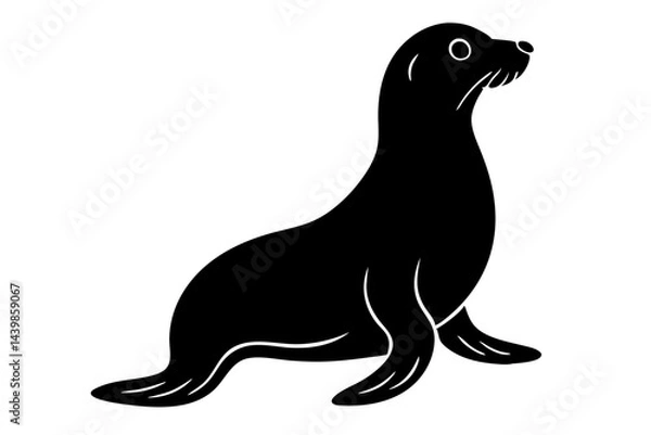 Fototapeta Elegant silhouette illustration of a sea lion sitting calmly on white background, sea lion, silhouette, animal, marine, mammal, wildlife, ocean, aquatic, vector, illustration, black, white, isolated
