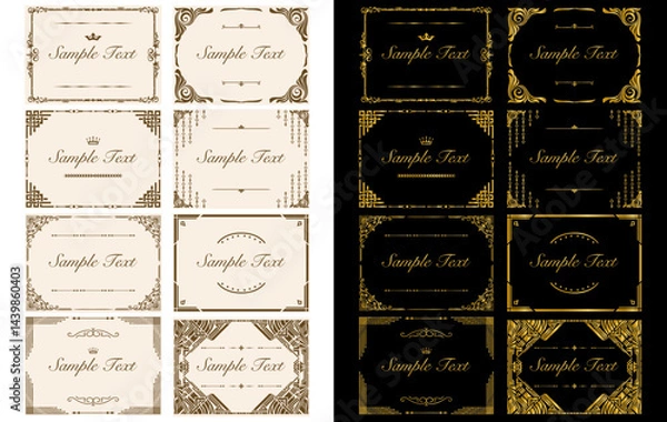 Obraz 装飾的なラベルフレーム。華やかなオーナメント、装飾的なヴィンテージフレーム、レトロバッジ、ロイヤル、ウェディングの記章、セールステッカー、招待状、金色のベクターフレームセット03