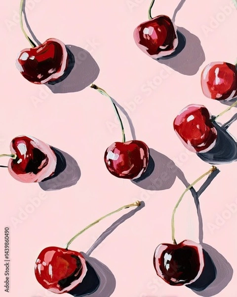 Obraz Bright cherries scattered on pink background create vibrant, fre