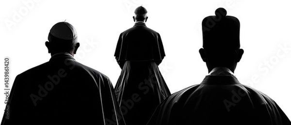 Obraz 3 unrecognizable black silhouettes of church representatives standing with their backs to the camera, isolated on a white (transparent) background; concept of conclave, election of a new pope, vatican