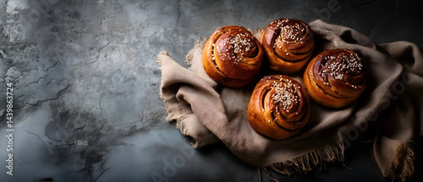 Obraz simple, round homemade buns on gray linen scarf isolated over grey background; concept of danish religious holiday, 4th friday after easter; copy space