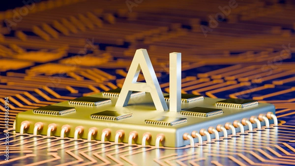 Fototapeta 3D Render of AI Microchip and Digital Circuit Board