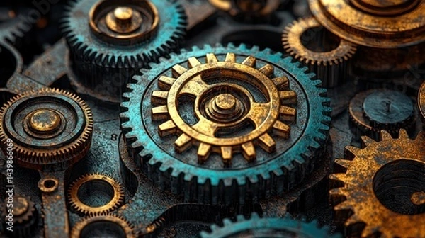 Fototapeta Intricate Machinery: A Symphony of Gears in Bronze and Teal