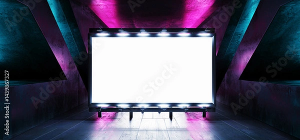 Obraz Sci Fi Billboard Showroom Commercial Empty Plane Space Realistic Warehouse Garage Room Studio Light Shadows Concrete Cement Metal Structure 3D Rendering