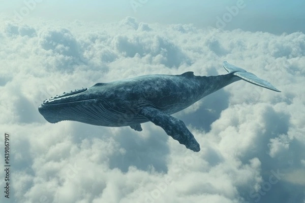 Fototapeta Majestic whale swimming among clouds in surreal sky. AI generative