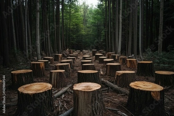 Fototapeta Stump arrangement in serene forest setting. AI generative