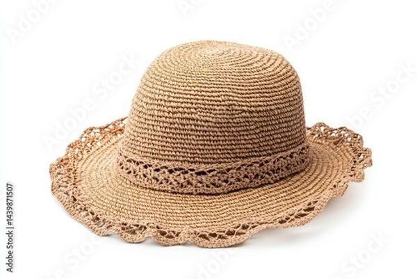 Fototapeta Straw hat with frayed edges on white background. AI generative