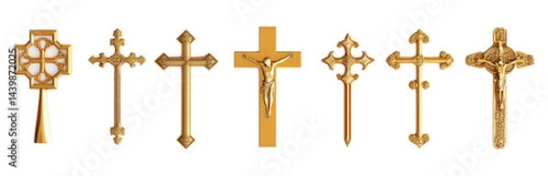Fototapeta Assortment of Golden Crosses Isolated on White Background