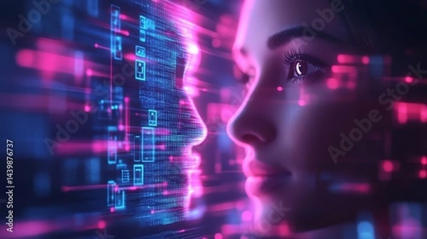 Fototapeta Futuristic ai face recognition in digital visual art