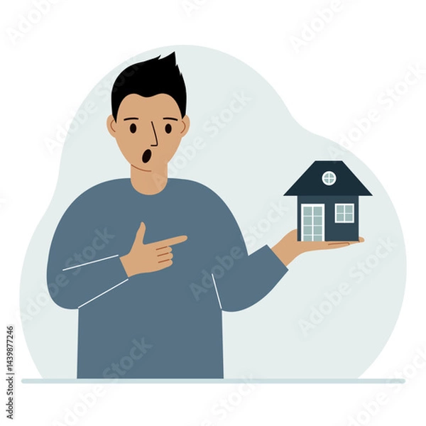 Fototapeta A man holds a small house in his palm. Concepts of inheritance, real estate transfer, mortgage, credit, loan or house purchase. Vector flat illustration