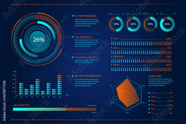 Fototapeta Creative futuristic technology infographic with digital data elements, abstract tech diagrams, modern UI/UX charts, neon futuristic interface, cyberpunk infographic design, innovative virtual graphs, 