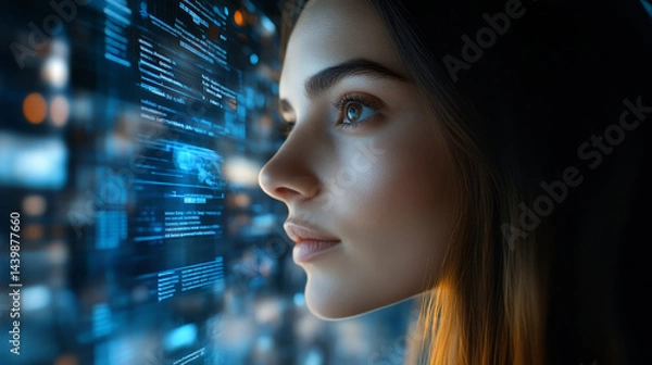 Fototapeta Exploring digital innovation young woman engaged with technology virtual space close-up viewpoint