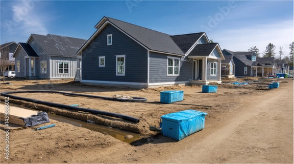 Obraz New residential homes under construction in a developing suburban neighborhood during daylight