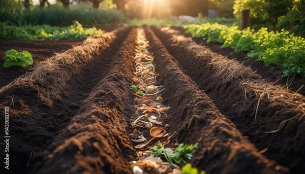 Fototapeta Top-down view of trench composting with layered vegetable scraps and soil between dormant garden rows, using natural recycling to enrich soil fertility. Soft sunlight overhead
