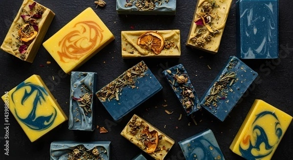 Fototapeta Artisan Soap Collection: Handmade Natural Soaps with Herbs, Flowers, and Essential Oils on Dark Background for Skincare, Wellness, and Aromatherapy Products Promotion
