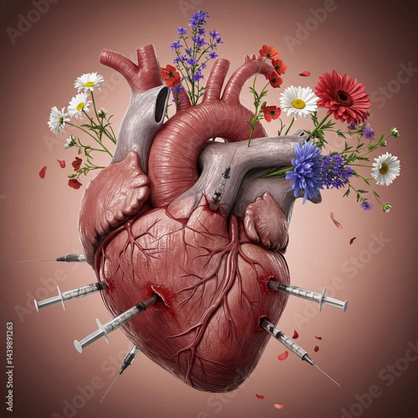 Obraz Healing Heart — 4K Hyperrealistic Poster of Addiction Recovery with Blooming Flowers and Syringe Scars